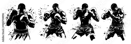 boxers in fighting stance black ink vector set