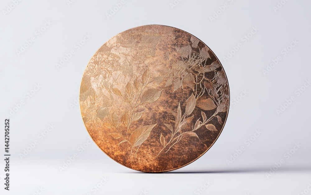 Fototapeta premium Elegant Round Bronze Plate with Floral Engraving Design for Decor