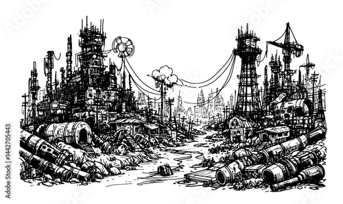 post apocalyptic city ruins black silhouette vector industrial dystopian scene