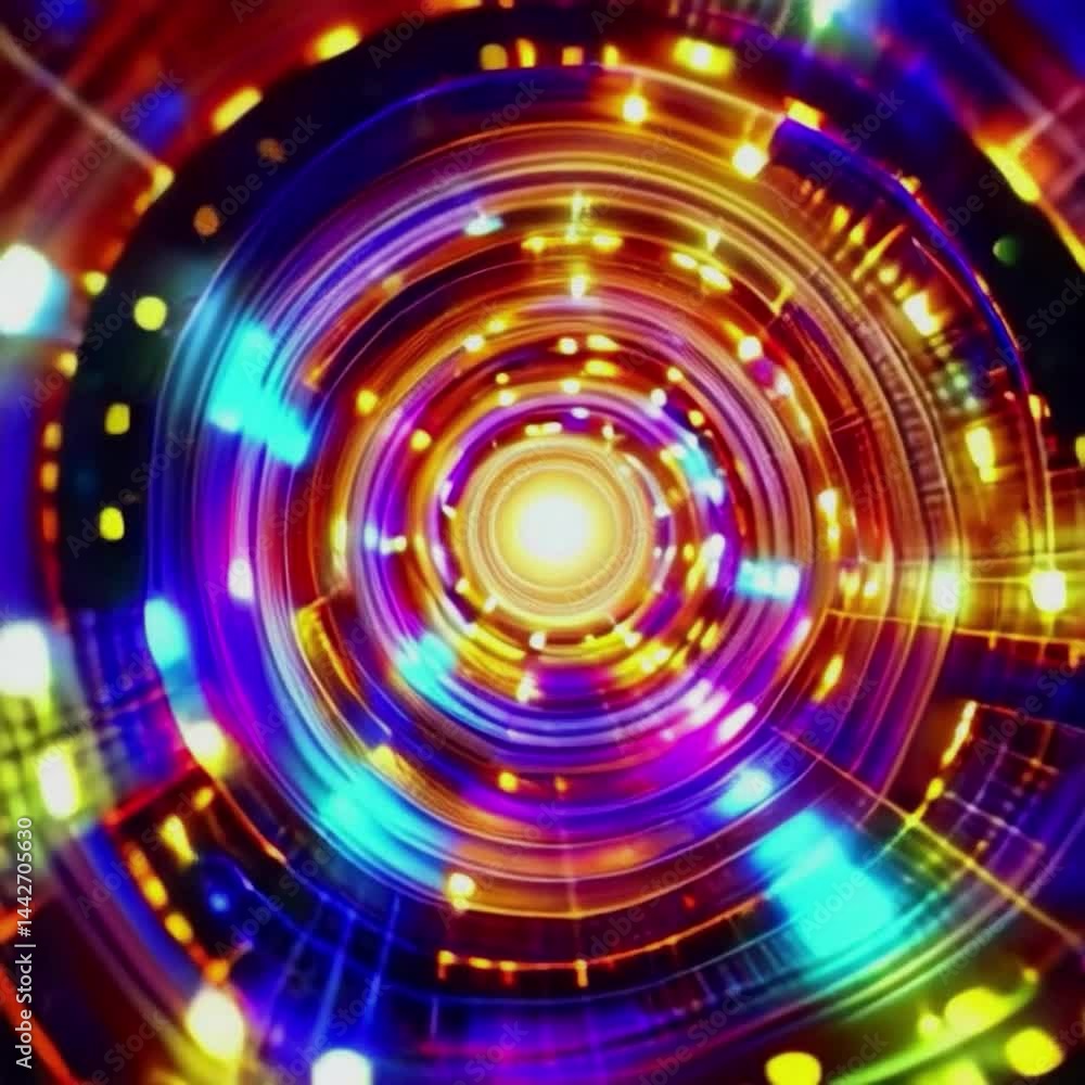 Colorful spiral light tunnel with rotating golden center and purple particle effects Colorful spiral light tunnel with rotating golden center and purple particle effects