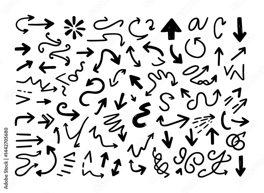 hand drawn arrow silhouette set black vector doodle style direction icons hand drawn arrow silhouette set black vector doodle style direction icons