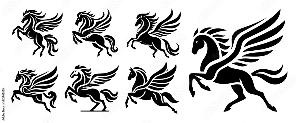 Obraz premium pegasus silhouette set black flying horse vector fantasy mythological creature