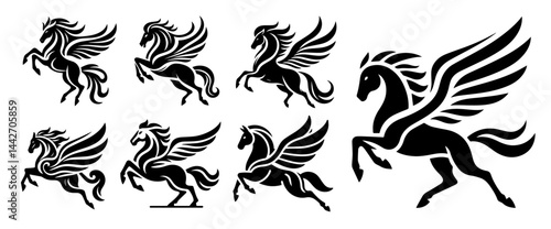 pegasus silhouette set black flying horse vector fantasy mythological creature