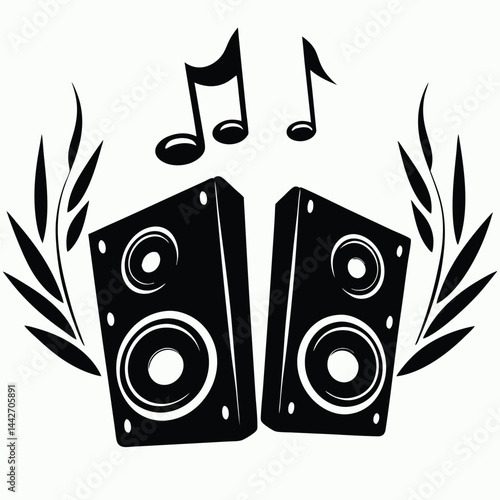 Stereo Speakers with Musical Notes and Laurel Wreath