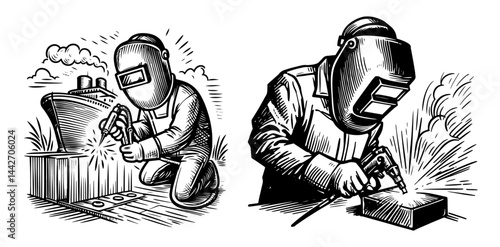 welders at work black silhouette set vintage engraving style vector illustration