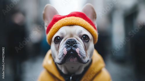 Fototapeta Naklejka Na Ścianę i Meble -  Close up of small dog wearing red and yellow hat and yellow jacket, looking directly at camera with curious and calm expression in outdoor setting