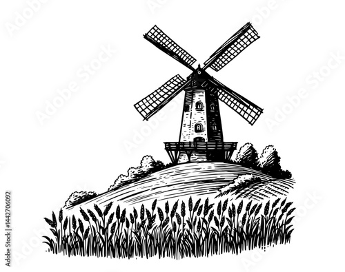 vintage windmill on hill silhouette black vector engraving rural landscape art