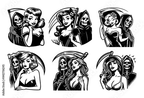 pin up girl and grim reaper silhouette set black vintage tattoo vector art