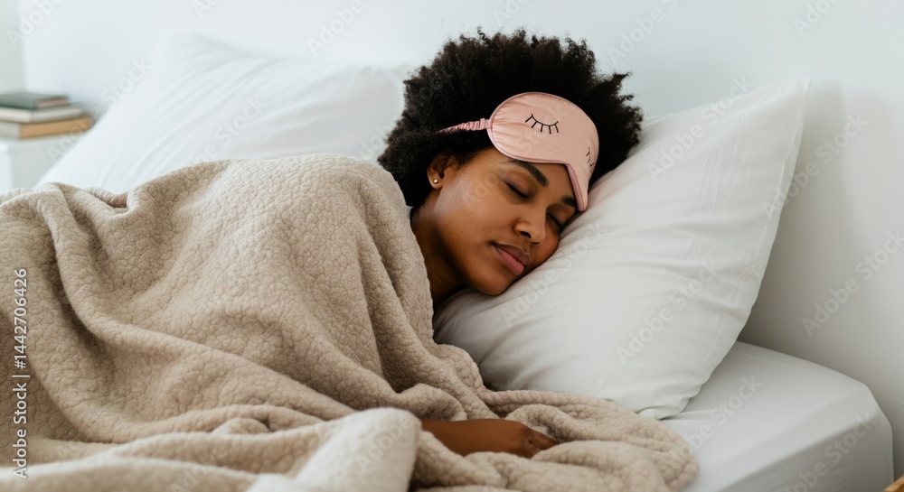 Peaceful young woman sleeping with eye mask in cozy bed