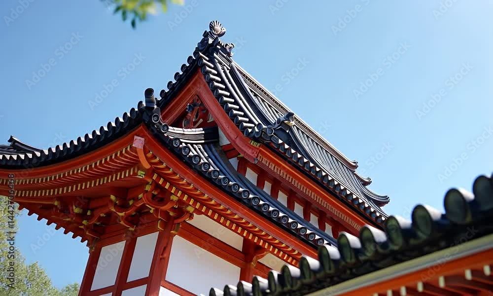 Ornate Japanese Temple Roof Featuring Intricate Orange and Black Design Under a Clear Blue Sky Architecture Ornate Japanese Temple Roof Featuring Intricate Orange and Black Design Under a Clear Blue Sky Architecture