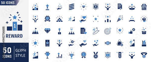Reward flat icon set. Containing gift, trophy, recognition, reward program, medal, bonus, and more. Vector illustration