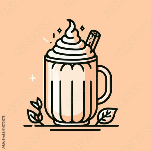 Stylish mug of whipped cream drink, minimalist design, with cinnamon stick and leaves
