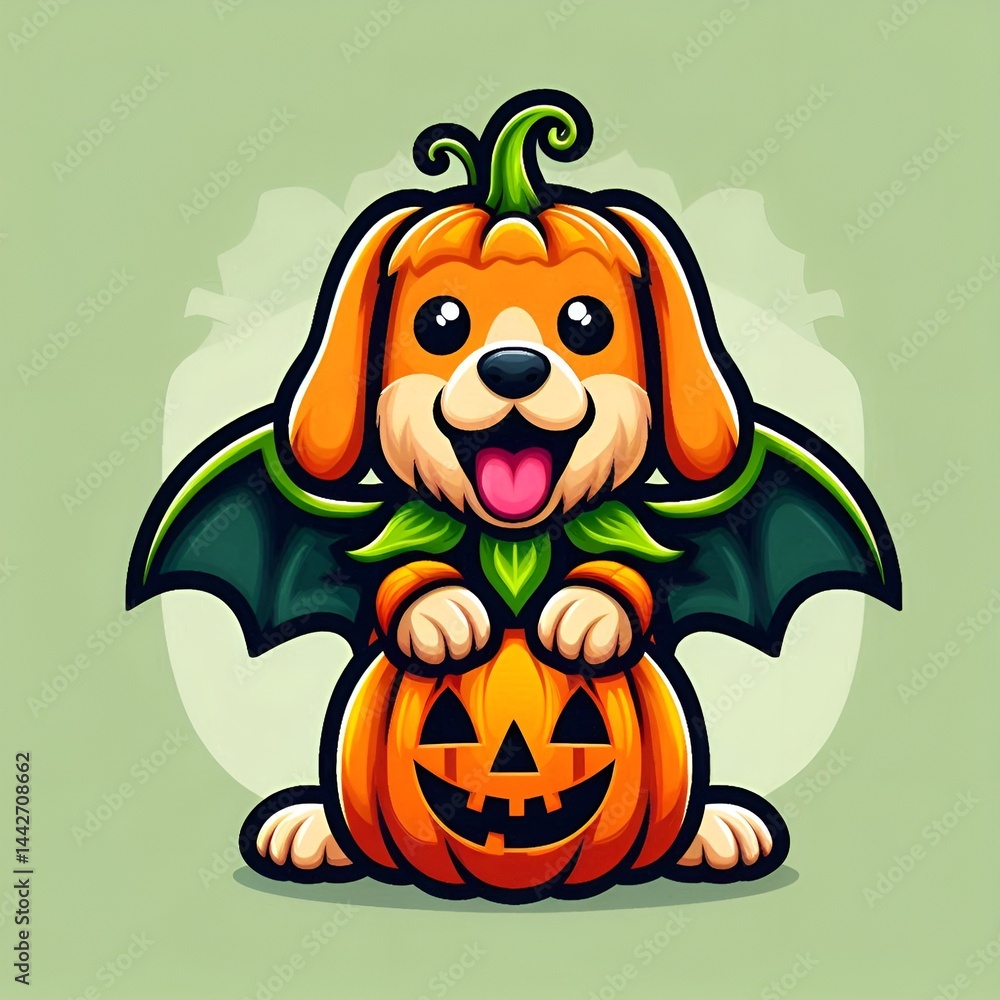 Cute dog in bat wings sitting inside pumpkin, playful mood, green background