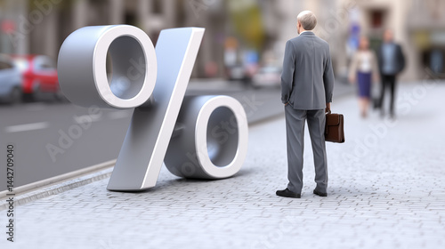 Loan, mortgage, inflation, profitability or interest in real estate market. 3D illustration of businessman or real estate agent next to a large percentage sign in a city street.