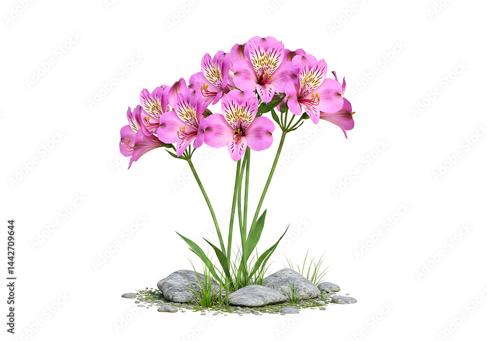 Obraz premium Pink Flowering Plant with Rocks and Grass