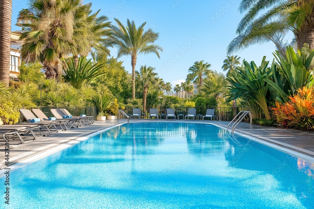 Fototapeta premium A luxurious hotel leisure area featuring a sparkling outdoor pool surrounded by palm trees, lounge chairs, and vibrant tropical plants.