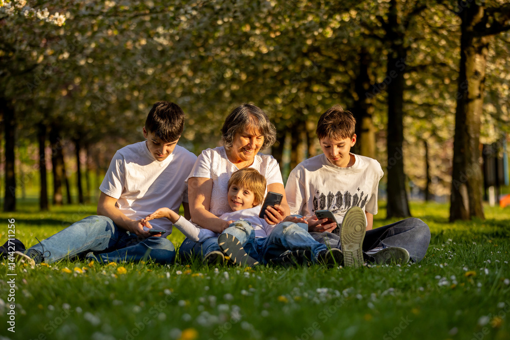 Portrait of cute stylish smiling family, boys and grandmother sitting in the grass in park Portrait of cute stylish smiling family, boys and grandmother sitting in the grass in park