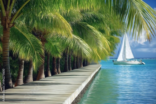 A serene scene of lush green palm trees lining a wooden pier, with a white sailboat moored in the background. 