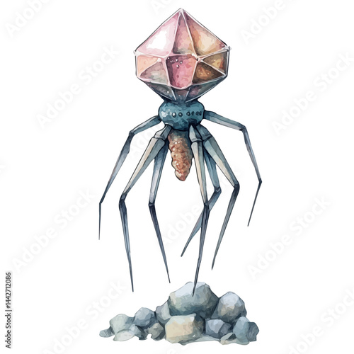 bacteriophage attaching to a bacterial host, watercolor drawing, isolated on a white background. bacteriophage attaching to a bacterial host vector.