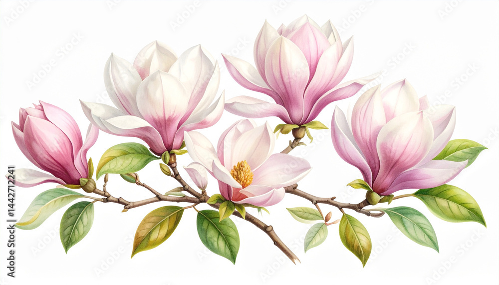 Ilustracja vintage, kwiaty Magnolii na białym tle, tapeta, dekoracja. Generative AI