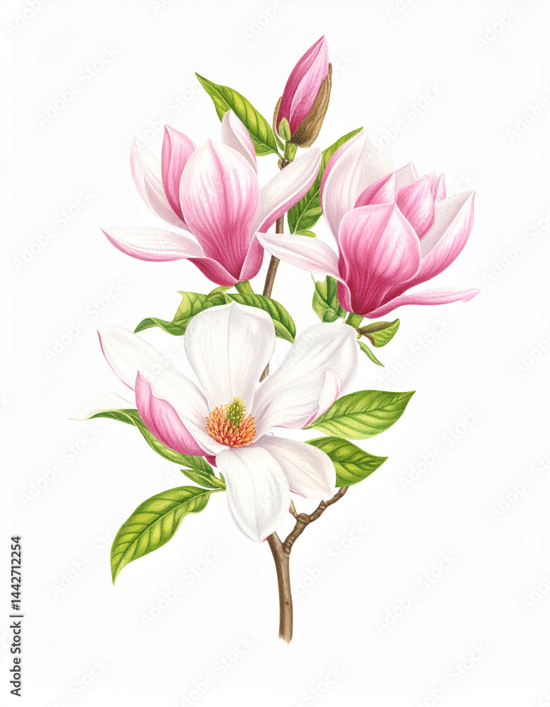 Ilustracja vintage, kwiaty Magnolii na białym tle, tapeta, dekoracja. Generative AI