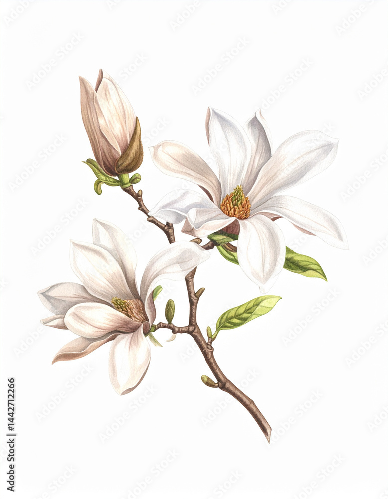 Ilustracja vintage, kwiaty Magnolii na białym tle, tapeta, dekoracja. Generative AI
