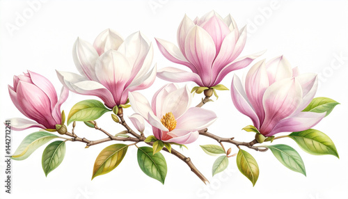 Obraz na płótnie Ilustracja vintage, kwiaty Magnolii na białym tle, tapeta, dekoracja. Generative AI w salonie