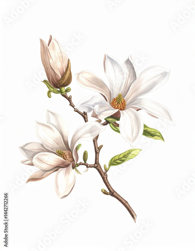 Ilustracja vintage, kwiaty Magnolii na białym tle, tapeta, dekoracja. Generative AI