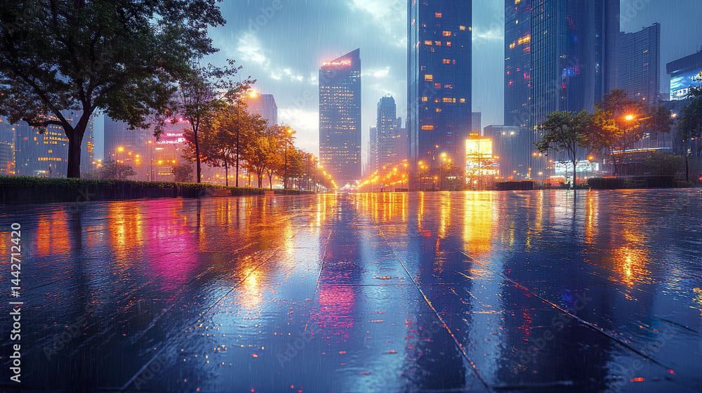 Obraz premium vibrant cityscape at night, showcasing colorful reflections on wet pavement during rain