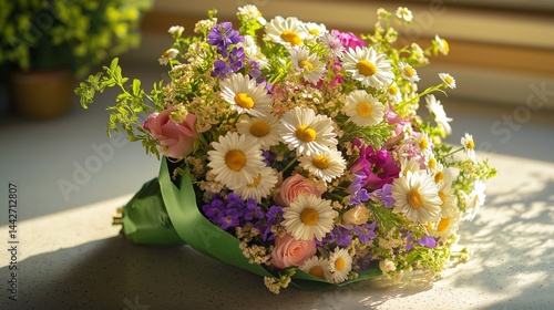 A beautiful, lush bouquet of diverse flowers, including daisies, roses, and violets, artfully arranged for International Women's Day. 