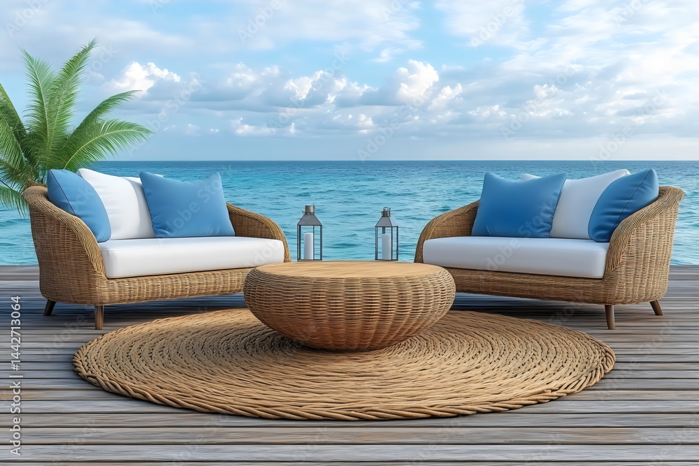 Obraz premium Cozy outdoor seating area with ocean view designed for relaxation and comfort near a tropical seaside