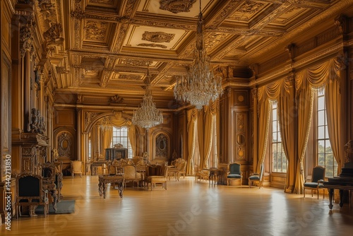 A grand royal museum interior with golden classic decor, featuring intricate wood carvings, ornate chandeliers, and elegant velvet curtains. 