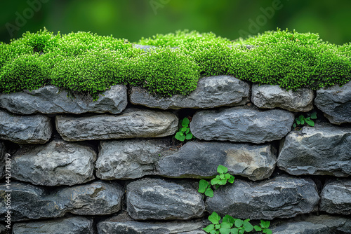 Moss-Topped Stone Wall with Sprouting Greenery