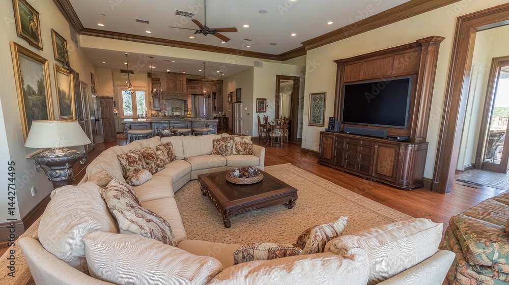Warm tone living room featuring cozy sofa with ideal TV distance
