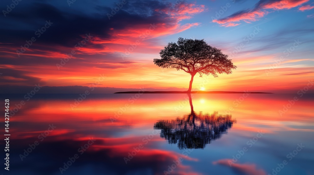 Water reflection scene with tree aligned along right vertical third