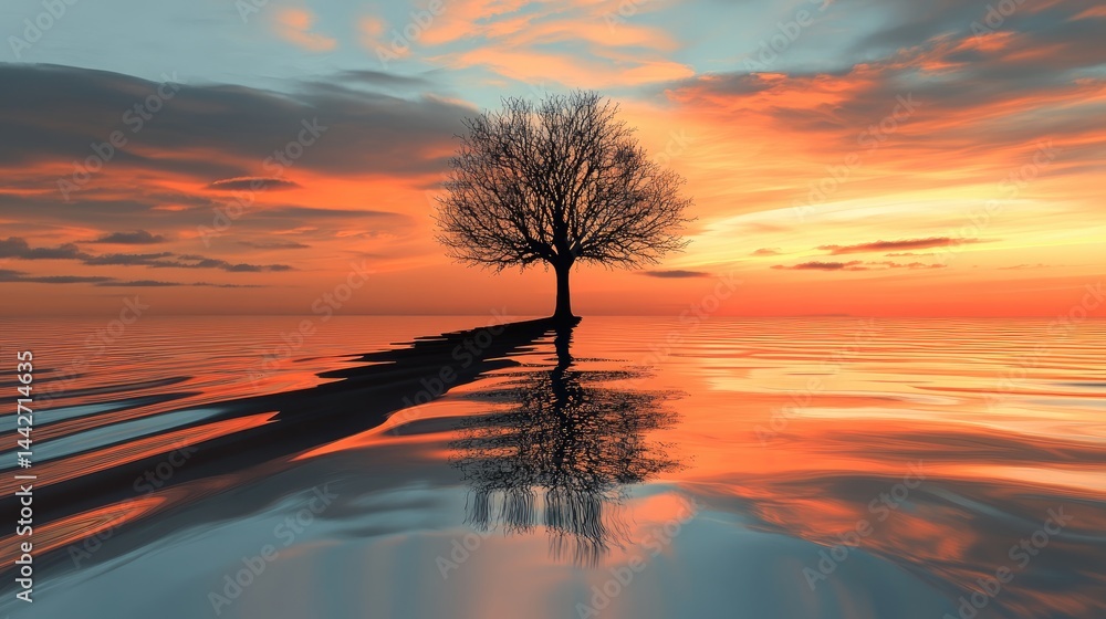 Water reflection scene with tree aligned along right vertical third