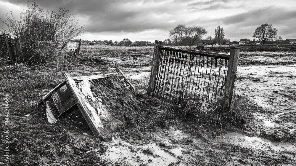 Weather-beaten temporary fencing falling over at site