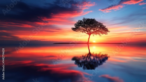 Water reflection scene with tree aligned along right vertical third