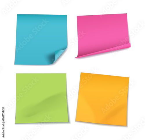Vector set of realistic colorful blank sticky post it notes with rolled edges isolated on white background