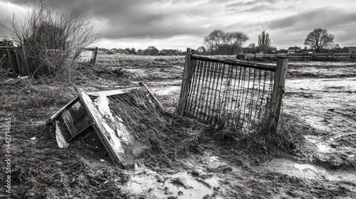 Obraz na płótnie Weather-beaten temporary fencing falling over at site w salonie