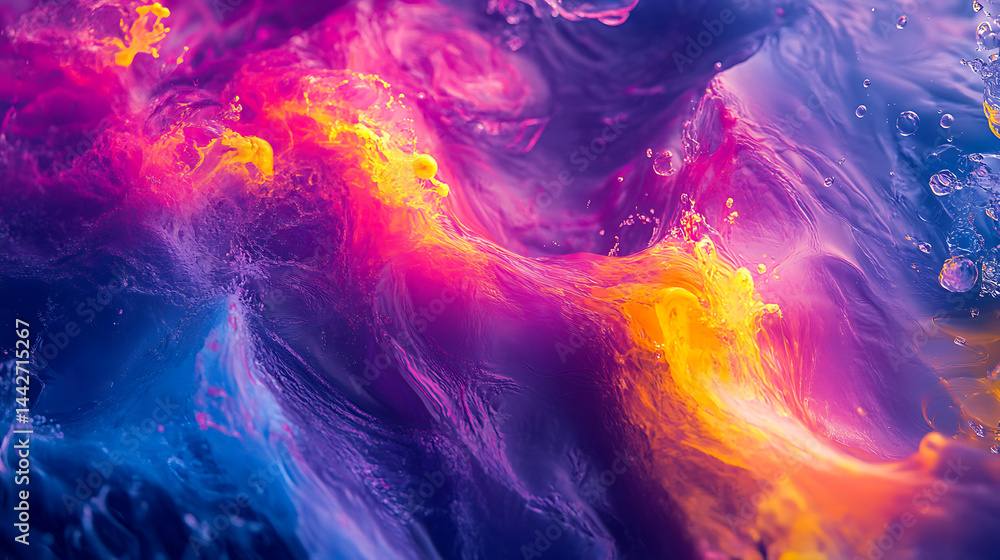 Fototapeta premium Vibrant colorful liquid with swirling patterns in purple, pink, yellow, and blue hues creating abstract and dynamic fluid motion with bubbles and glowing effects
