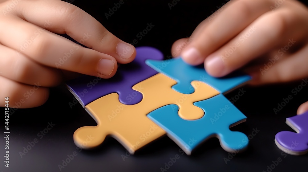 Child assembles puzzle pieces, colorful shapes linking on black surface Focus on hands Child assembles puzzle pieces, colorful shapes linking on black surface Focus on hands