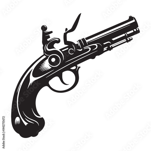 Realistic Flintlock Pistol silhouette, true-to-form historic replica – Flintlock Pistol illustration – Minimalist Flintlock Pistol vector – Weapon silhouette

