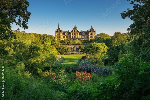 A stunning summer view of an old regal palace surrounded by lush green trees and vibrant flowers in a vast park. 