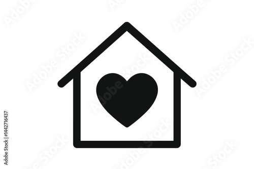 Stylized house icon with heart symbol representing love for home in minimalist vector flat design