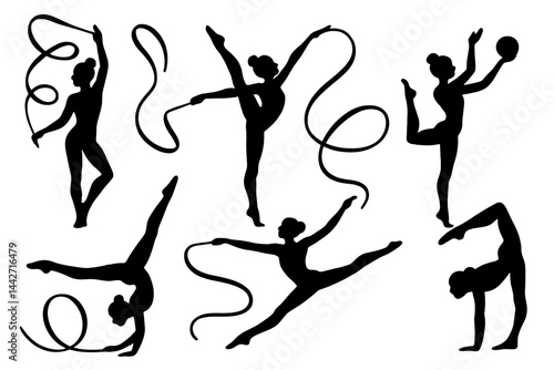 Dynamic rhythmic gymnastics silhouettes showcasing various movements with ribbons and balls in a flat vector style