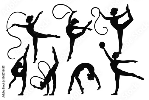 Silhouettes of rhythmic gymnasts performing with ribbons and balls in dynamic poses