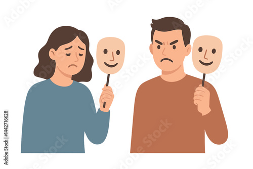 Emotions represented through masks illustrating contrasting feelings in a vector flat style artwork