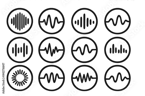 Various sound wave patterns showcased in a vector flat illustration with clear lines and vibrant symbolism