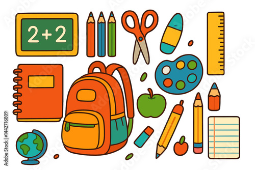 School supplies vector illustration showcasing various educational tools and items on a clean white background